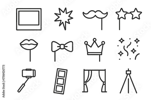 Photo Booth Icons. Photo Booth Fun. Line icon set of Photo Booth Fun: photo frame, camera flash, prop mustache, star glasses, lips prop, bow tie prop, crown