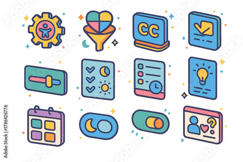 Inclusive Gaming Icons. Inclusive game design for wellbeing. Colorful isometric vector icons set of Inclusive game design for wellbeing: accessibility settings