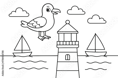 Seagull on Lighthouse. Gull and lighthouse children?s coloring book illustration, outlined drawing, a happy seagull perched on top of a lighthouse overlooking