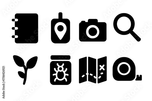 Field Research Icons. Field research. Filled icon set of field research: notebook, GPS device, camera,
