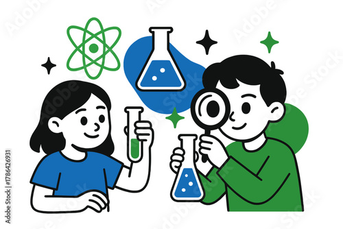 Kids' Science Adventure. Home science play. Kids conducting simple experiments with test tubes and magnifying