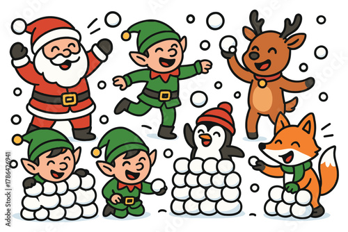 Cute christmas characters having a snowball fight in the snow