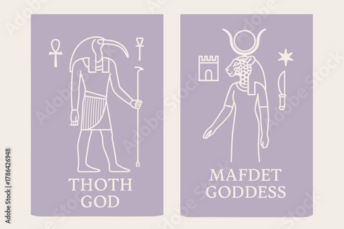 Egyptian Deity Banners. Egyptian Gods. Two vertical A6 banners with safe margins, centered composition, no elements touching edges, minimal, lavender and