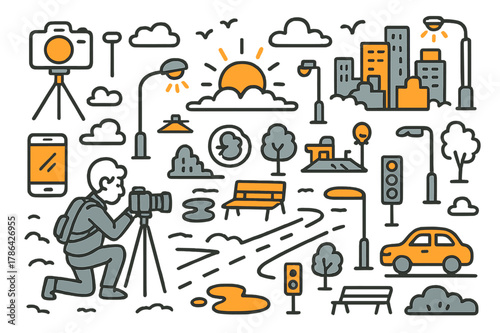 Sunset City Doodle. Street sunset photography. Hand-drawn doodle illustration city skyline (colored), setting sun (colored), skyscrapers (colored), street