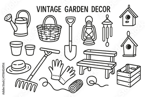 Vintage Garden Decor Sketch. Behind the Scenes. Solid icons set of Behind the Scenes: candid snapshot, coffee cup, walkie talkie, call sheet, snack table,