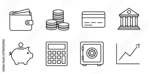 A set of finance line icons. This collection of outline icons represents banking, money management, and investment concepts, including a wallet, bank, credit card, and dollar sign