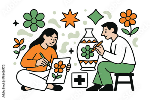 Folk Art Creation. Folk art creation. Artists painting traditional motifs on ceramics or textiles, floating