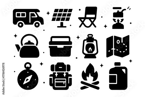 Vanlife Camping Icons. Campsite and Vanlife Nomads. Solid icons set of Campsite and Vanlife Nomads: camper van, solar panel, foldable chair, portable stove,