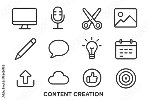 Content Creation Icons. Content creation. Line icon set of content creation: computer, microphone, editing scissors, image frame, pen, speech bubble, idea