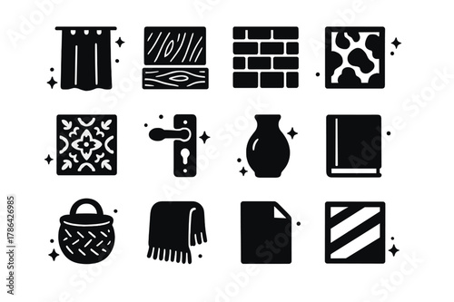 Icons of Texture. Window Light and Textures. Solid icons set of Window Light and Textures: linen curtain, wood grain sill, brick wall, frosted glass, lace