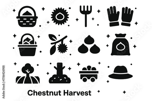 Chestnut Harvest Icons. Chestnut Harvest. Solid icons set of Chestnut Harvest: basket, chestnut burr, rake, gloves, bucket, branch, nuts pile, burlap sack,