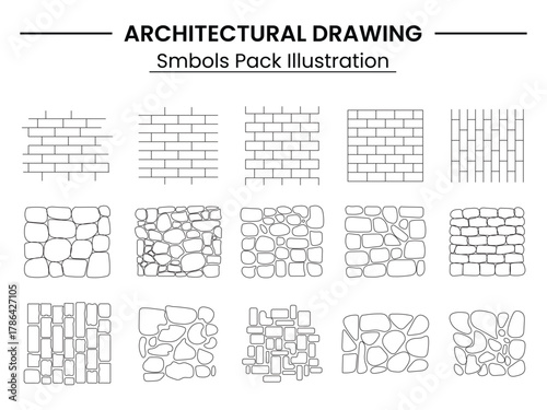 Landscape Architecture CAD Vector Patterns Set. Grass, Water, Stone, Wall, and Texture Elements	
