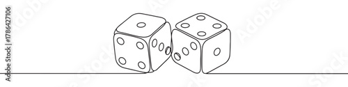 A continuous line drawing featuring two dice, symbolizing chance and gaming on a plain white background