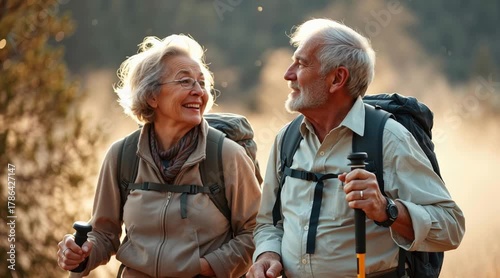 elderly couple hiking in a forest, using hiking poles, wearing backpacks, light clothing, smiling at each other, dirt path, trees, sunny day