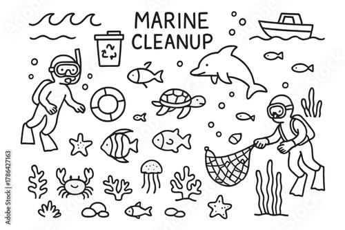 Marine Cleanup Doodle. Marine Cleanup. Hand-drawn doodle illustration Marine Cleanup snorkeler, trash bin, boat, net, dolphin, fish, turtle, coral reef, crab,