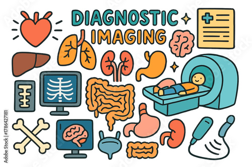 Colorful Medical Doodles. diagnostic imaging. Colorful Hand-drawn doodle Children illustration diagnostic imaging heart, lungs, liver, kidneys, stomach,