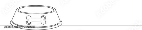A continuous line drawing of a pet food bowl with a bone outline design on its side, representing pet care and nourishment on a white background