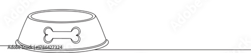 A continuous line drawing of a pet food bowl with a bone outline design on its side, representing pet care and nourishment on a white background