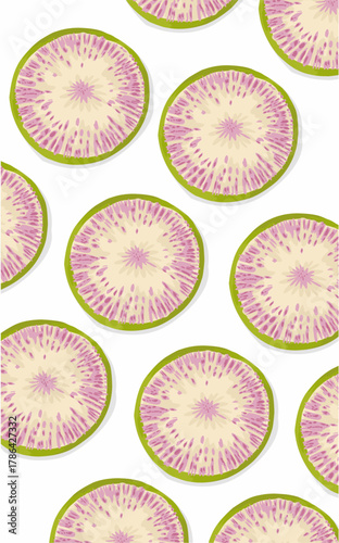 Pattern of slices of purple Beetroot on a white background