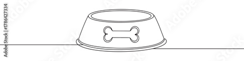 A continuous line drawing of a pet food bowl with a bone outline design on its side, representing pet care and nourishment on a white background