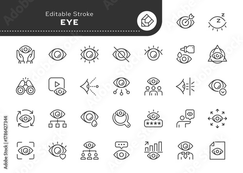 Eye line icon set. Vision, open and closed eye, cry, sleep, view, hidden, look, focus, supervision and more. Outline icon in linear style. Vector collection.