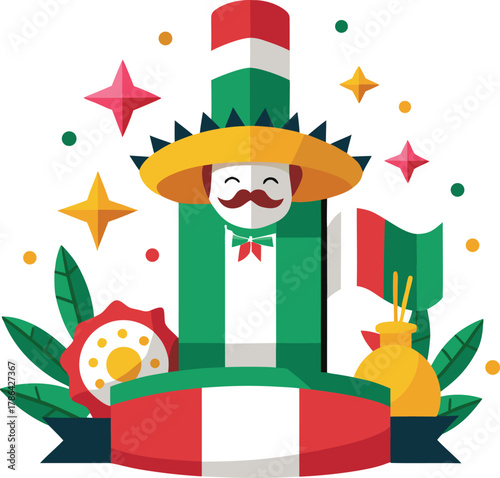Mexican Fiesta Elements with Stylized Man and Flag