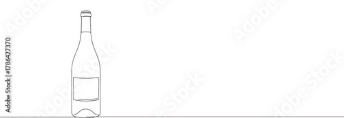 A continuous line drawing of a wine bottle with a blank label, highlighting its classic shape in a minimalist style against a white background