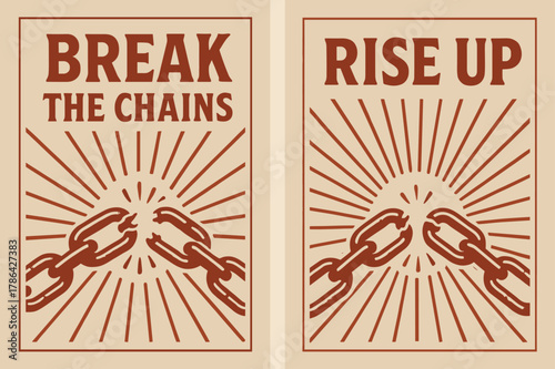 Break Chains, Rise Up. Overcome Fear. Two vertical A6 banners with safe margins, centered composition, no elements touching edges, retro, red and beige, broken