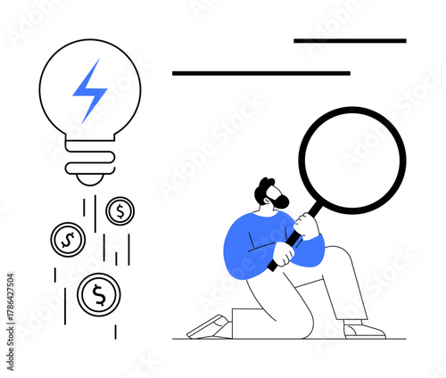 Man kneeling with magnifying glass examining financial growth, lightbulb representing innovation. Ideal for business analysis, creativity, strategy, problem-solving, research, entrepreneurship