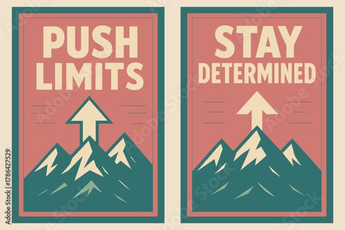 Retro Motivational Banners. Push limits. Two vertical A6 banners with safe margins, centered composition, no elements touching edges, retro, pink and teal,