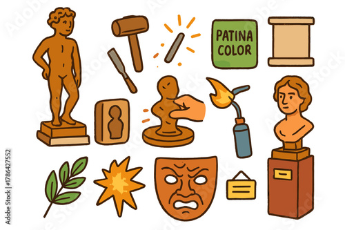 Bronze Sculpture Doodles. Bronze sculptures. Colorful Hand-drawn doodle Children illustration Bronze sculptures statue, artist hammer, chisel, base pedestal,