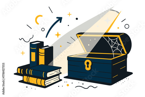 Forgotten Attic Treasures. Antique Books ? Forgotten Attic. A dusty chest open beside a few books; faint sunbeams cut through slanted air. A cobweb stretches