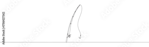 A continuous line drawing of a fishing rod leaning diagonally with its line and hook extending downwards, capturing the essence of angling on a white background