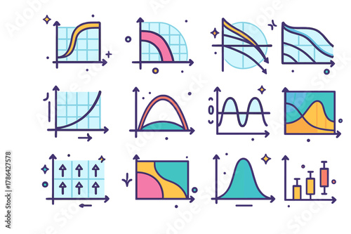 Colorful Physics Graphs. Physics and engineering graphs. Colorful isometric vector icons set of Physics and engineering graphs: stress?strain curve, Nyquist
