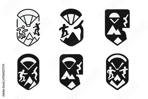 Extreme Sports Logos. Unusual hobbies and extreme sports. Set Logo of Unusual hobbies and extreme sports: adventure badge with mixed icons. harmonious logo