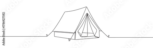 A continuous line drawing of tent with its entrance flap open, symbolizing camping, adventure, and the outdoors on a white background