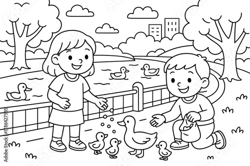 Riverside Coloring Fun. Embankment children?s coloring book illustration, outlined drawing, a peaceful riverside walkway with smiling kids feeding ducks near
