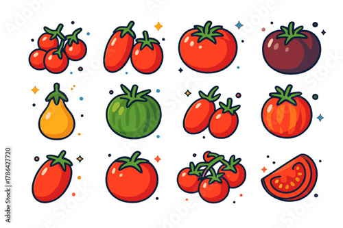 Tomato Variety Icons. Tomato varieties. Colorful isometric vector icons set of Tomato varieties: cherry tomatoes, plum tomatoes, beefsteak tomato, heirloom