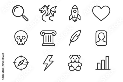 Literature Genre Icons. Literature Genres. Line icon set of Literature Genres: mystery magnifying glass, fantasy dragon, sci fi rocket, romance heart, horror