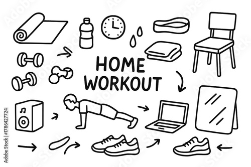 Home Workout Essentials. Home workout. Hand-drawn doodle illustration home workout yoga mat, water bottle, dumbbells, push-up pose, resistance band, chair,