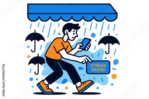 Rainy Gaming Shelter. Playing a mobile game on the go ? Rainy shelter. Umbrella silhouettes and droplet lines form a rhythm as the player taps under an awning.