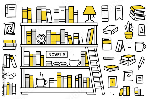 Colorful Bookshelf Doodle. Shelf filled with novels. Hand-drawn doodle illustration bookshelf (colored), hardcover books (colored), paperback books (colored),