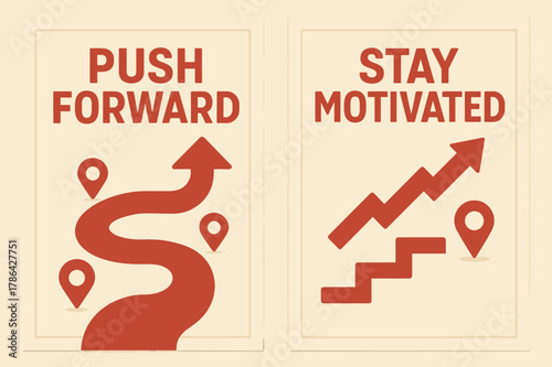 Push Forward Banners. Push forward. Two vertical A6 banners with safe margins, centered composition, no elements touching edges, flat vector design, red and