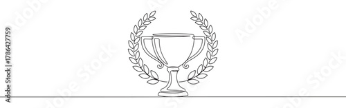 A continuous line drawing of a classic trophy cup encircled by a laurel wreath, representing victory, achievement, and success, on a white background