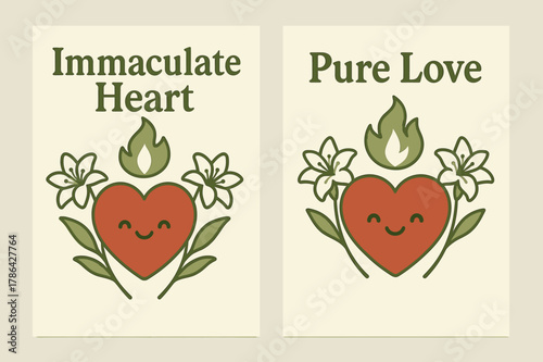 Smiling Heart Banners. Immaculate Heart. Two vertical A6 banners with safe margins, centered composition, no elements touching edges, kawaii, olive green and