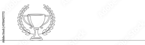 A continuous line drawing of a classic trophy cup encircled by a laurel wreath, representing victory, achievement, and success, on a white background