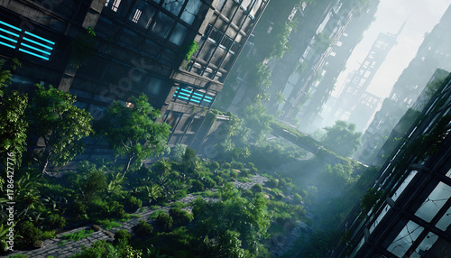 Post-apocalyptic city ruins with futuristic skyscrapers overgrown by jungle and nature.