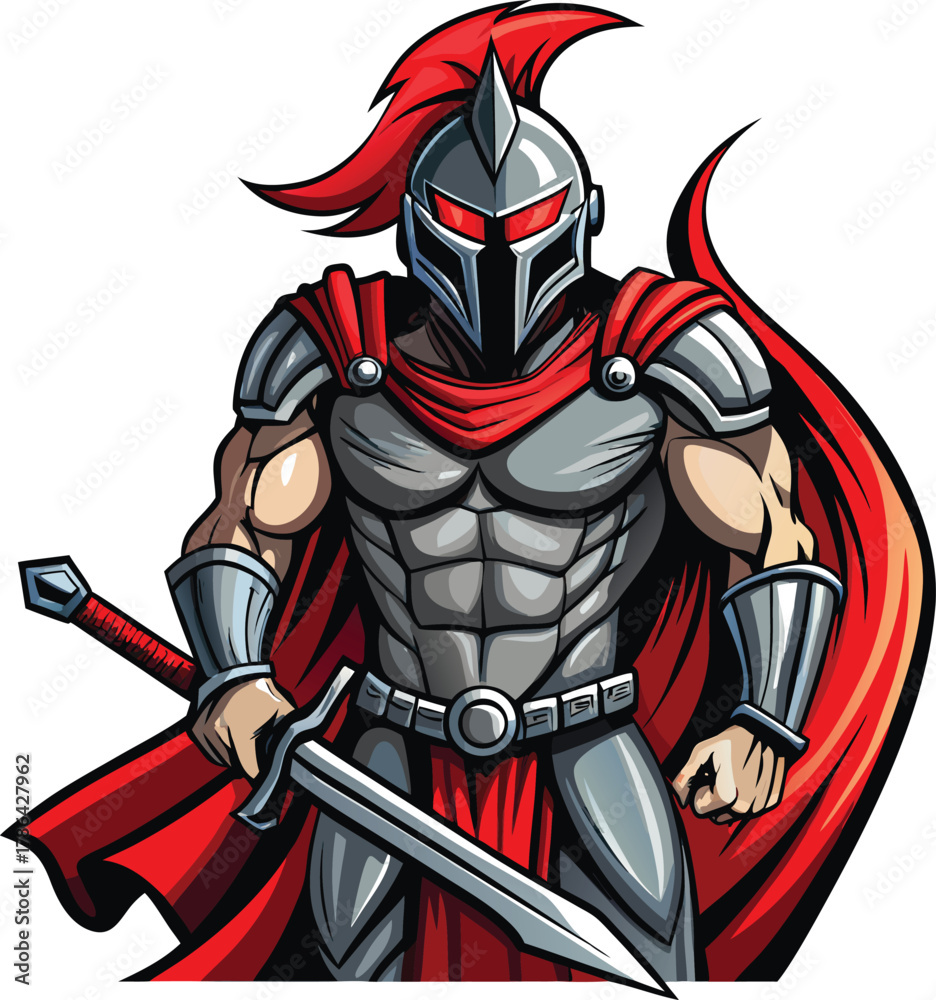 Obraz premium Muscular Warrior in Silver Armor with Red Cape and Sword