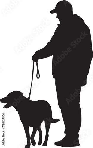 Black silhouette of a man in a baseball cap walking a dog on a leash on a white background Keywords: man, dog, walking, leash, pet, animal, human, silhouette, black and on transparent background