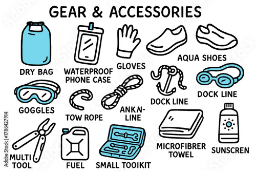 Accented Gear Doodles. // Gear & accessories. Hand-drawn doodle illustration Gear & accessories [dry bag (accented), waterproof phone case (accented), gloves,